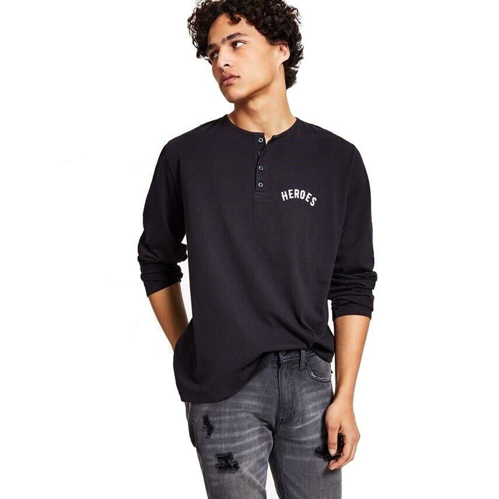 Heroes Motors Men's Black Cotton Long-Sleeve Graphic Henley Shirt Size XXL
